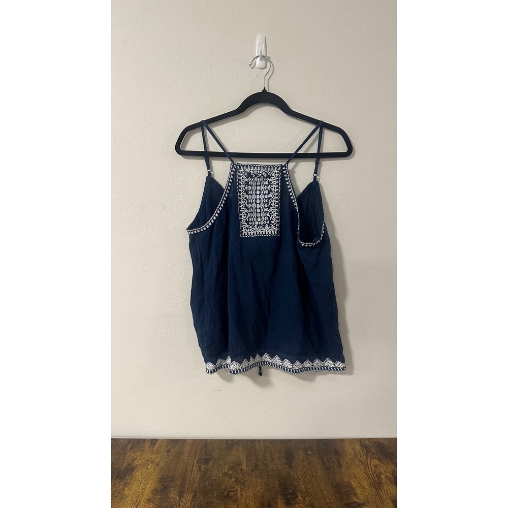 Mango Casual Navy Blue Embroidered Boho Cami Top Open Back Size Medium NWT